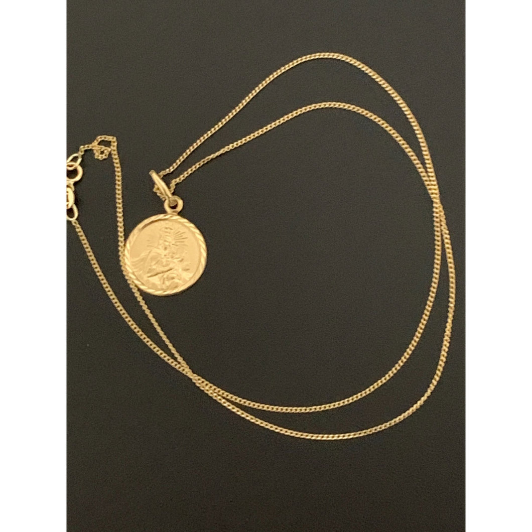 18K Gold Necklace Curb Chain with Round Jesus Pendant Religious - Rafant